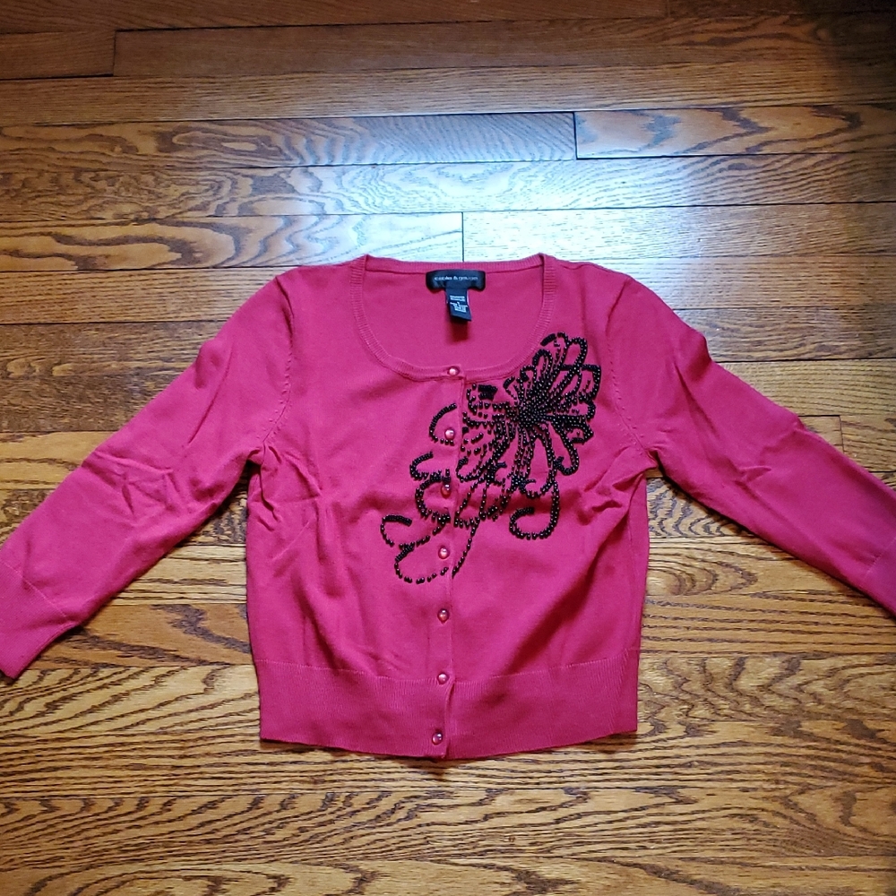 Cable & Gauge Red Cardigan with Black Beaded Detail